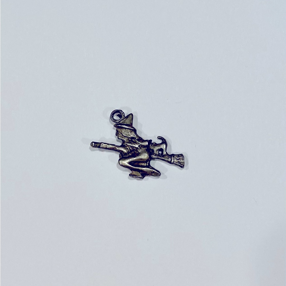 Solid Pewter Witch on Broom with Cat Charm for Necklace/Bracelet